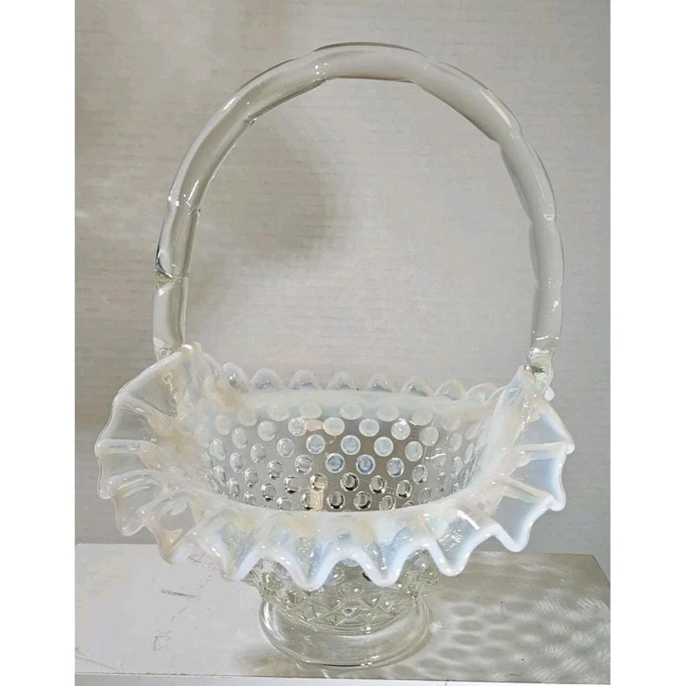 Fenton Hobnail White Opalescent Milk Glass Basket Ruffled Rim Bamboo Handle 7in